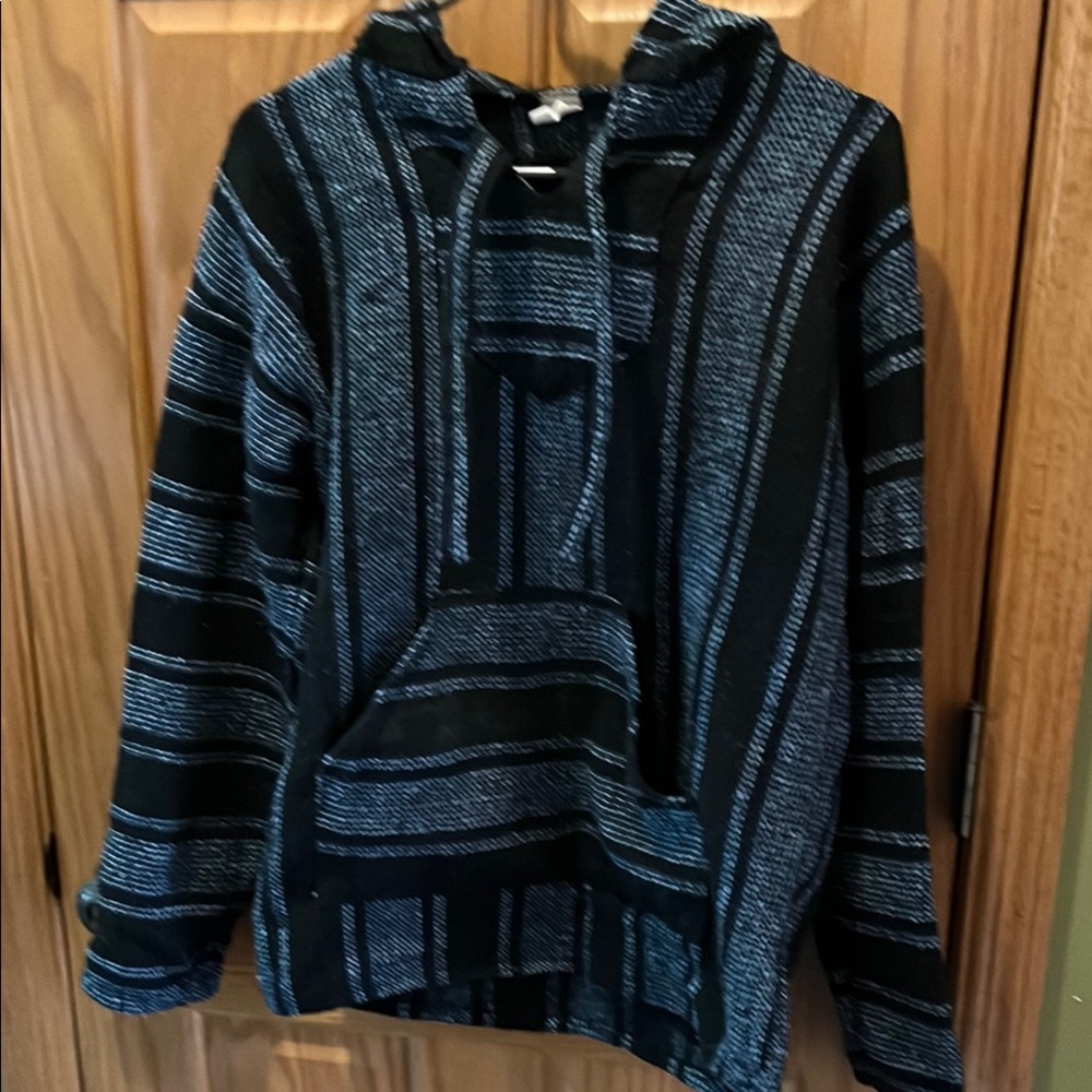 Black and Gray Striped Baja Sweater with Hood